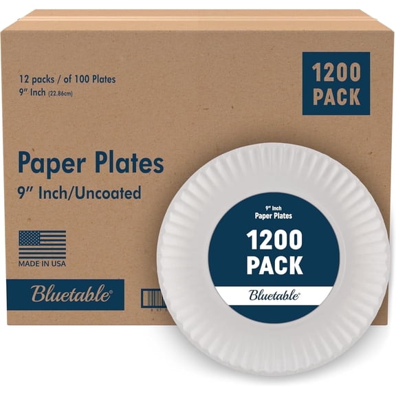 Paper Plates 9 inch, Bulk Everyday Uncoated White 9” Disposable Plate, 1200 Count