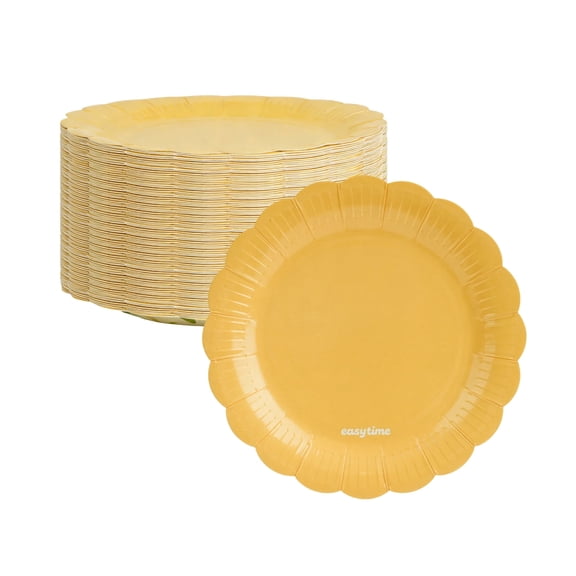 Paper Plates Disposable, 30 Pack 7 inch Yellow Floral Plates for Bridal Showers, Weddings, Cake Dessert Plates, Scalloped Edge, Party Supplies