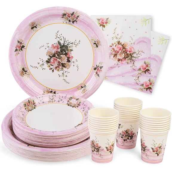 Paper Plates and Napkins Set, Floral Design, 24 Pieces, Pink, Spring, Disposable Party Supplies