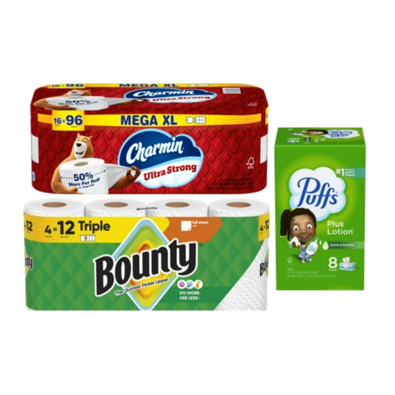 Ultimate Household Essentials Bundle: Puffs Plus Lotion, Charmin Ultra Strong, and Bounty Paper Towels