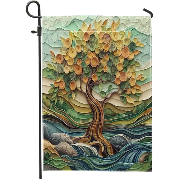 Paper Quilling Tree Garden Flag 12 x 18 In Double Sided Burlap Spring Nature Scenic Outdoor Decor