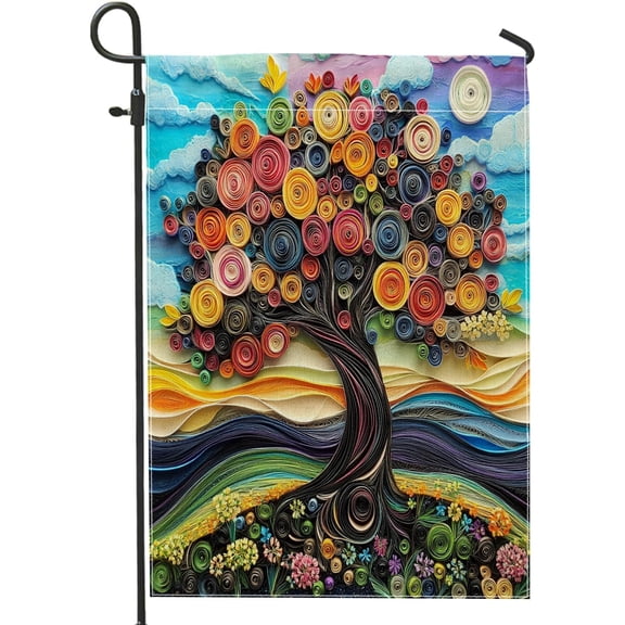 Paper Quilling Tree Garden Flag 12x18 Inch Double Sided Burlap Outdoor Decor Fun Spring Retro Nature Backyard