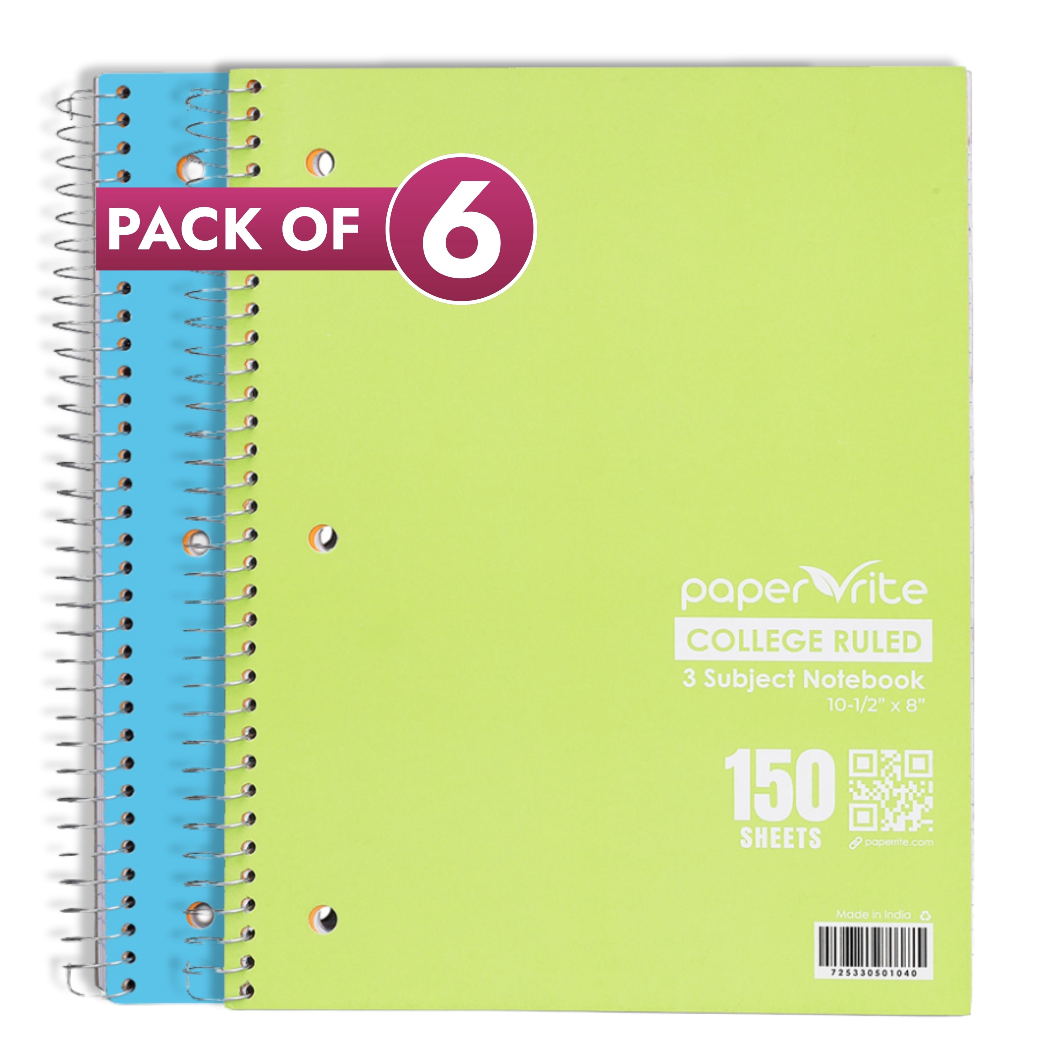 Pappe Rite Paper Rite 3 Subject College Ruled Notebook | 150 Sheets | 10.5 x 8.5 ...