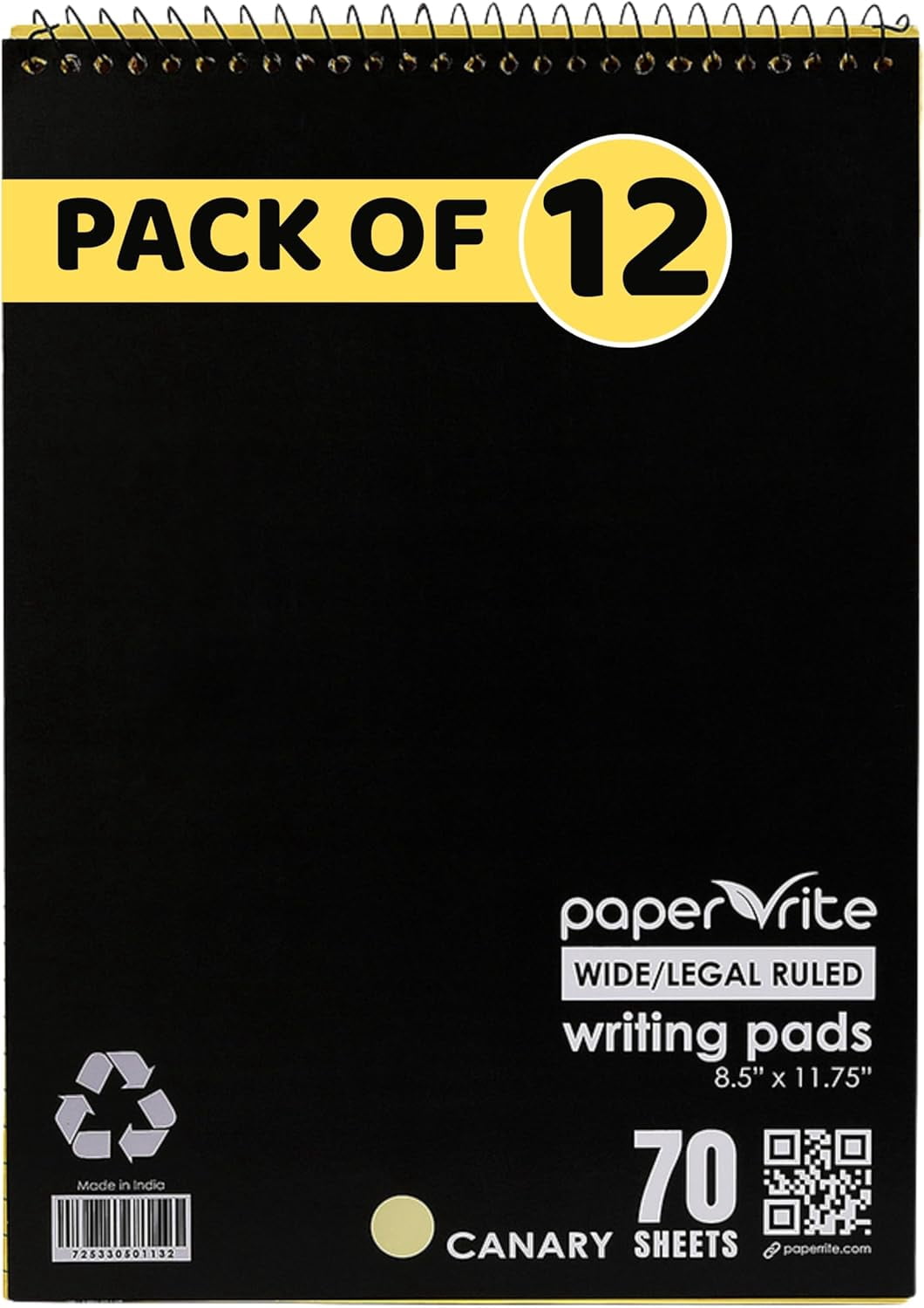 Paper Rite Canary Writing Pads Top Spiral Bound | 70 Sheets, 11.75 x 8.5 Inches | Pack of 12
