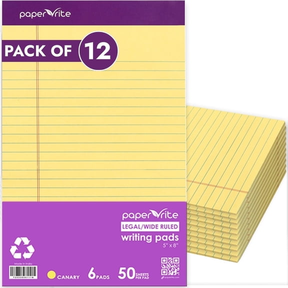 Paper Rite Canary Yellow Writing Pads, 50 Sheets, 5 x 8 in, Premium Lined Paper (12)