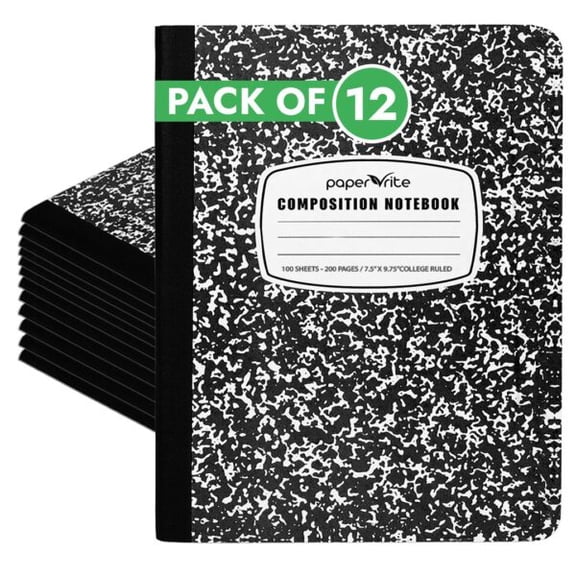 Paper Rite College Ruled Composition Notebook Black Marble | 100 Sheets | 9.75 x 7.5 Inches | Durable Sewn Binding (12, Black Marble)