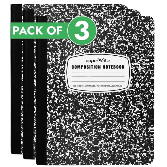 Paper Rite College Ruled Composition Notebook Black Marble | 100 Sheets | 9.75 x 7.5 Inches | Durable Sewn Binding (3, Black Marble)