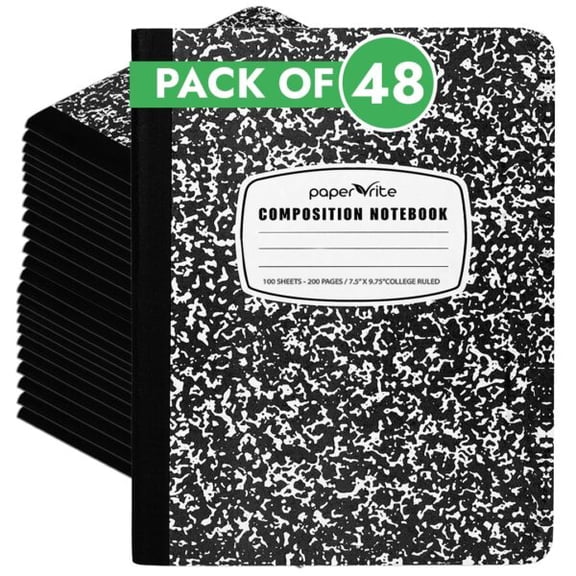 Paper Rite College Ruled Composition Notebook Black Marble | 100 Sheets | 9.75 x 7.5 Inches | Durable Sewn Binding (48, Black Marble)