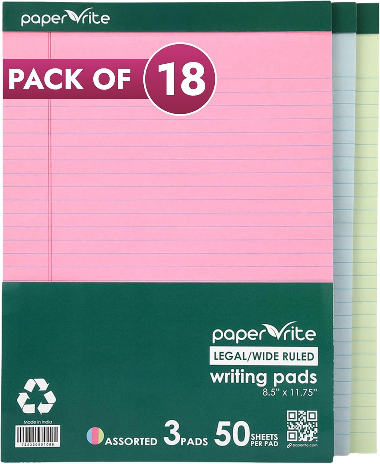 Paper Rite Large Writing Pads | Pack of 18 | 50 Sheets | 11.75 x 8.5 Inches | Blue Pink Green | Daily Use Notebooks