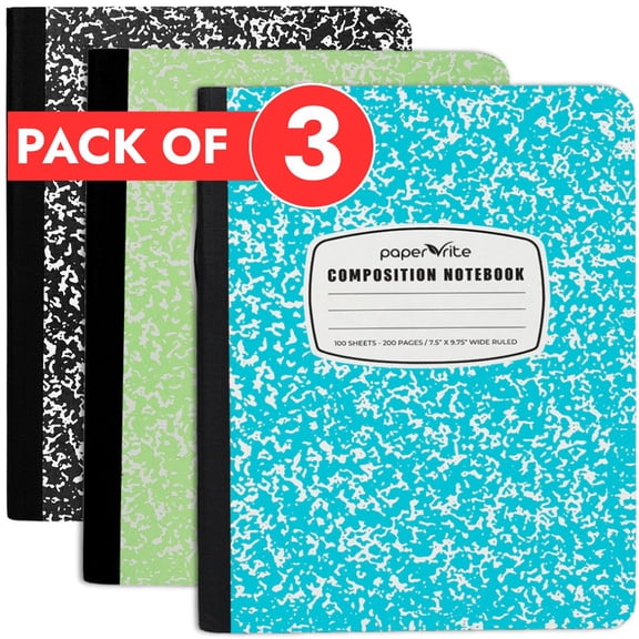 Paper Rite Wide Ruled Composition Notebook 9.75 x 7.5 in, 200 Pages, Black,Blue and Green Pack of 3