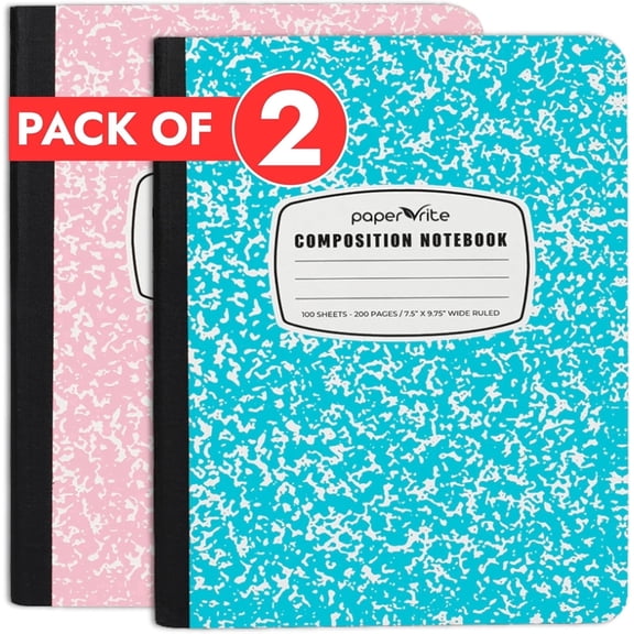 Paper Rite Wide Rule Composition Notebooks, 9.75 x 7.5 in, Blue & Light Pink, 100 Sheets, 200 Count, 2 Pack