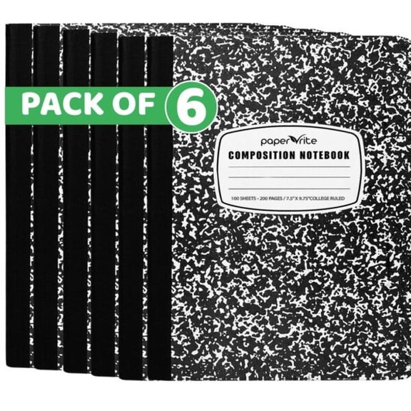 Paper Rite Wide Ruled Composition Notebook Black Marble | 100 Sheets | 9.75 x 7.5 Inches | Durable Sewn Binding (6, Black Marble Wide)