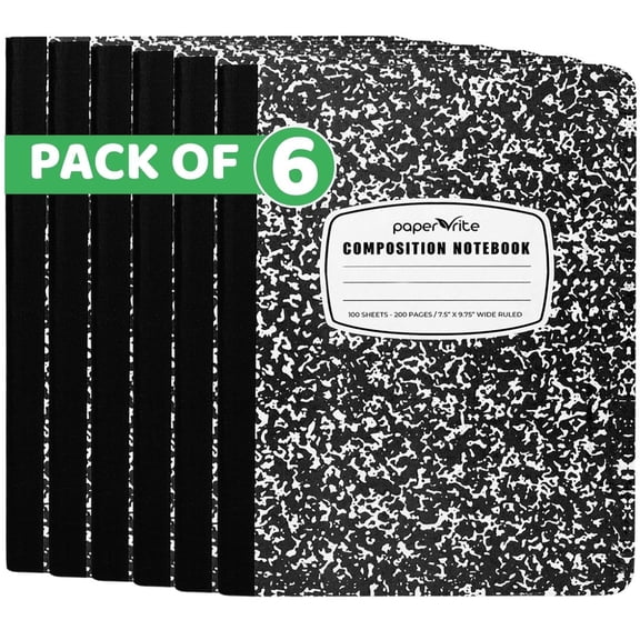Paper Rite Wide Ruled Composition Notebook Black Marble | 100 Sheets | 9.75 x 7.5 Inches | Durable Sewn Binding (6, Black Marble Wide)