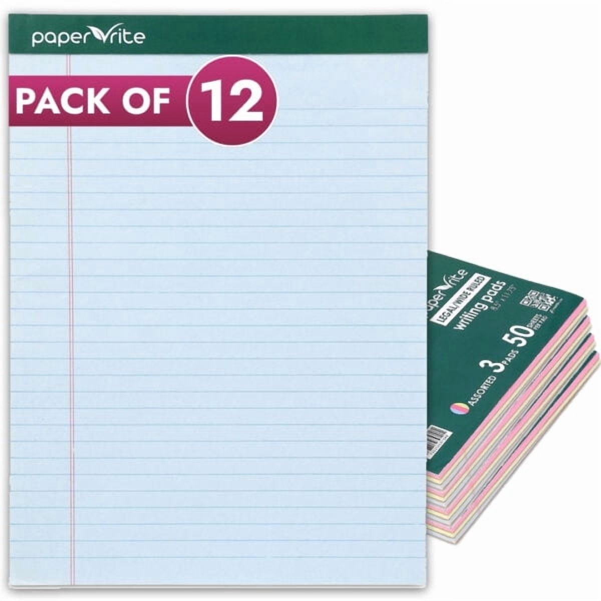 Paper Rite Large Writing Pads | Pack of 12 | 50 Sheets | 11.75 x 8.5 Inches | Blue Pink Green | Daily Use Notebooks
