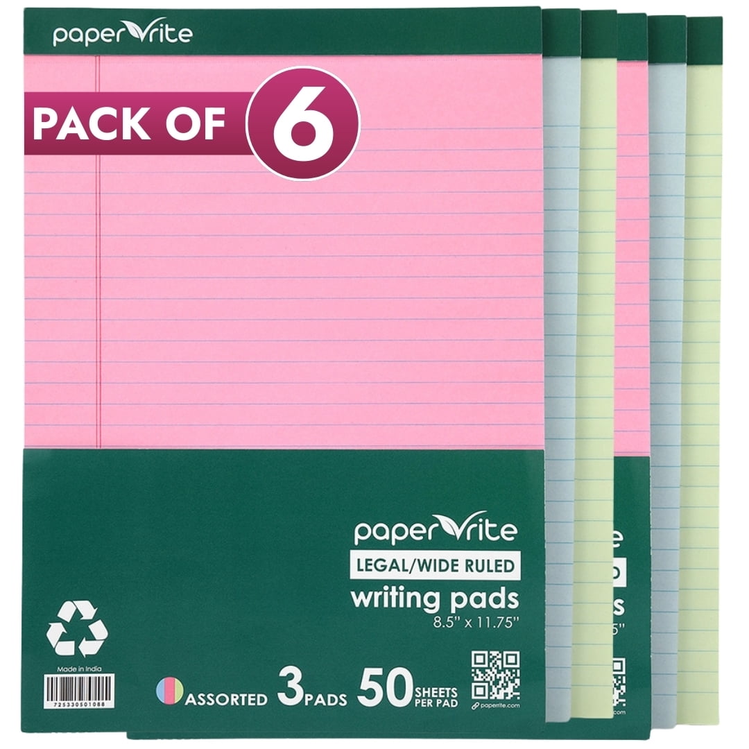 Paper Rite Large Writing Pads | Pack of 6 | 50 Sheets | 11.75 x 8.5 Inches | Blue Pink Green | Daily Use Notebooks