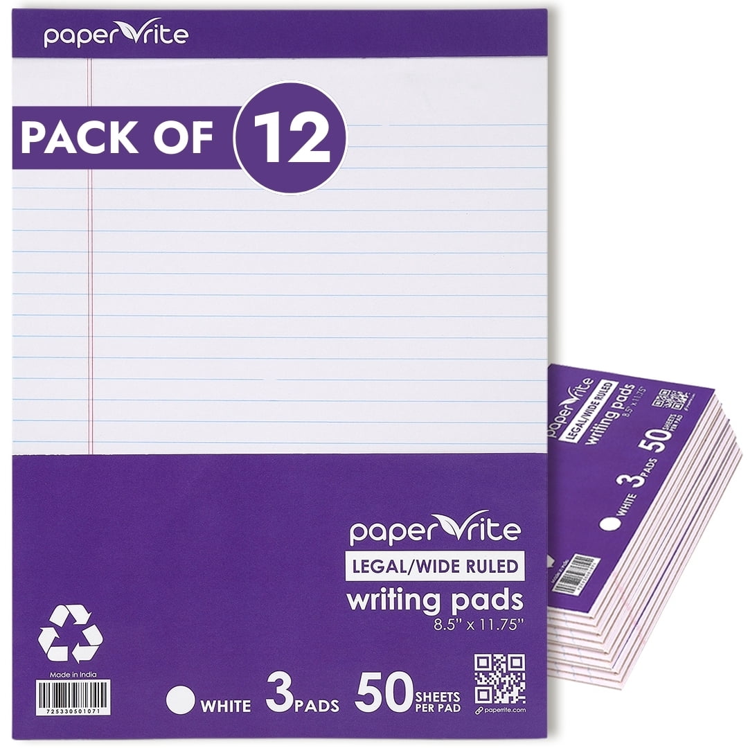 Paper Rite Writing Pads | White | 50 Sheets | 11.75 x 8.5 in | Pack of 12
