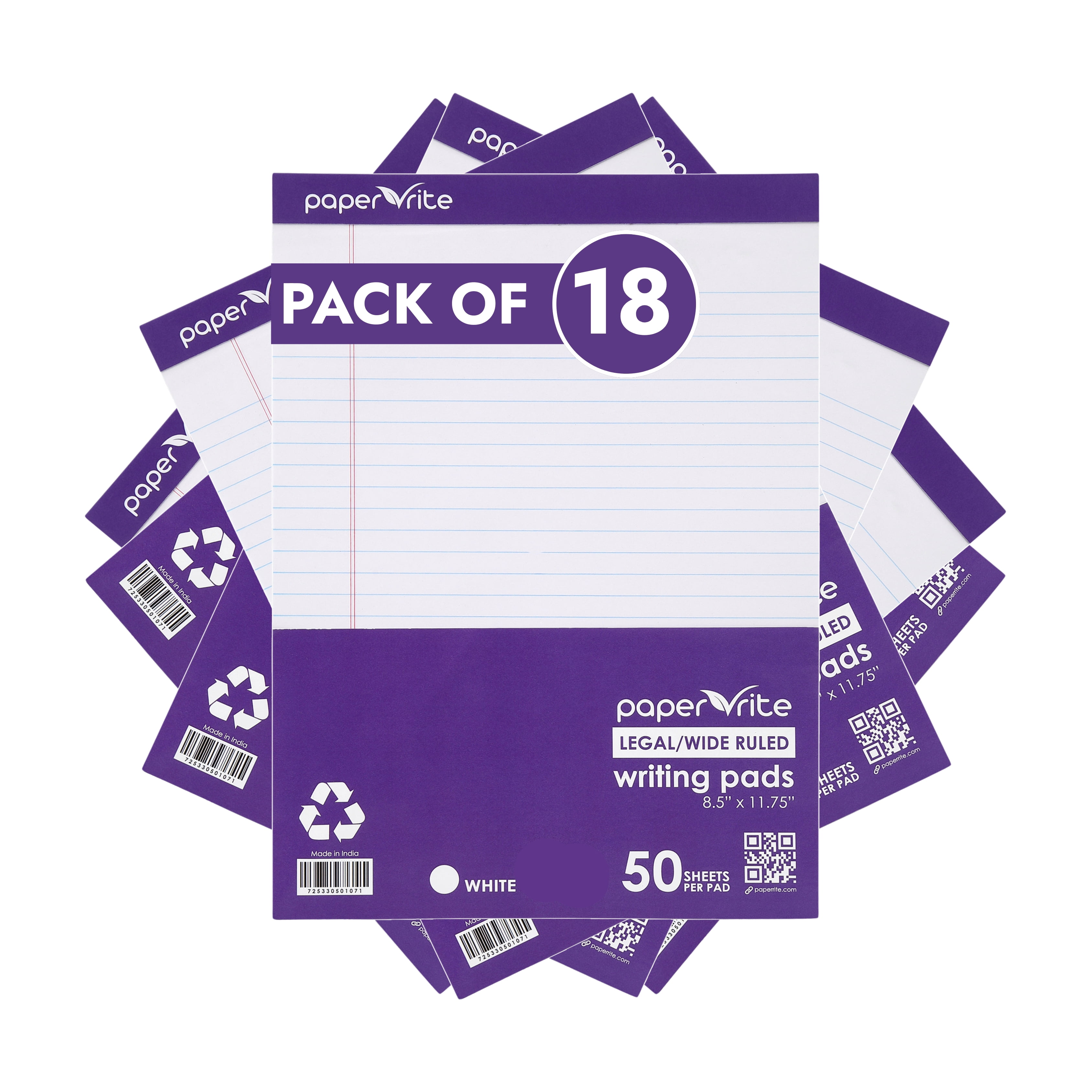 Paper Rite Writing Pads | White | 50 Sheets | 11.75 x 8.5 in | Pack of 18