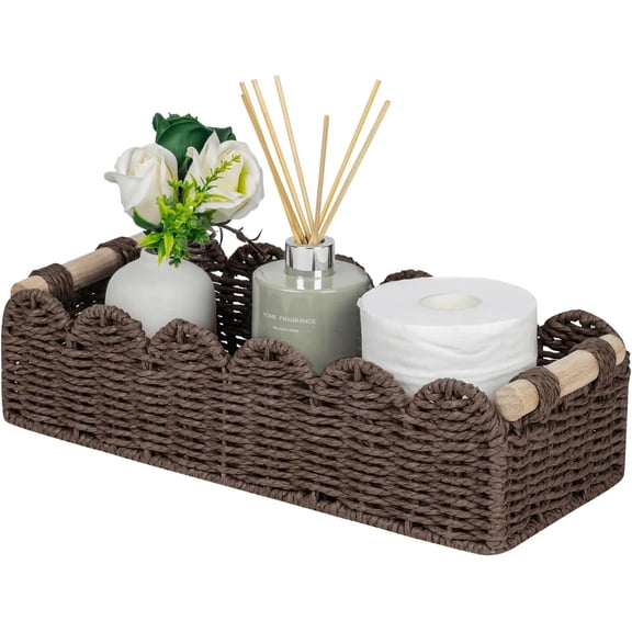 Paper Rope Scalloped Edge Shelves Storage Basket, Woven Toilet Paper Baskets for Over Toilet Storage Shelf, Ending Table, Floating Shelves Organizing or Home Décor, with Wood Handle, Brown