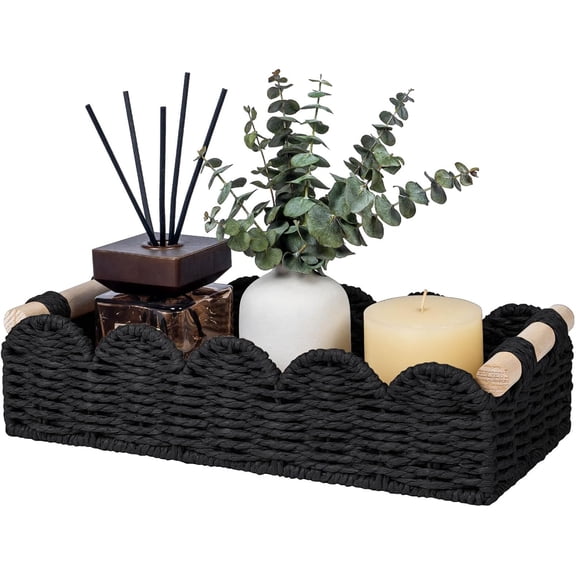 Paper Rope Scalloped Edge Toilet Paper Storage Basket,Decorative Wicker Organizer Basket Perfect for Home Countertop Storage,Living Room Shelf Decor&Black