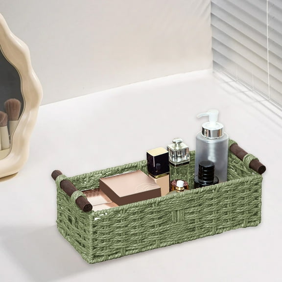 Paper Rope Storage Basket, Wicker Baskets for Organizing with Handle, Decorative Bins for Countertop, Toilet Paper Basket for Toilet Tank Top, Small Baskets Set (Green)