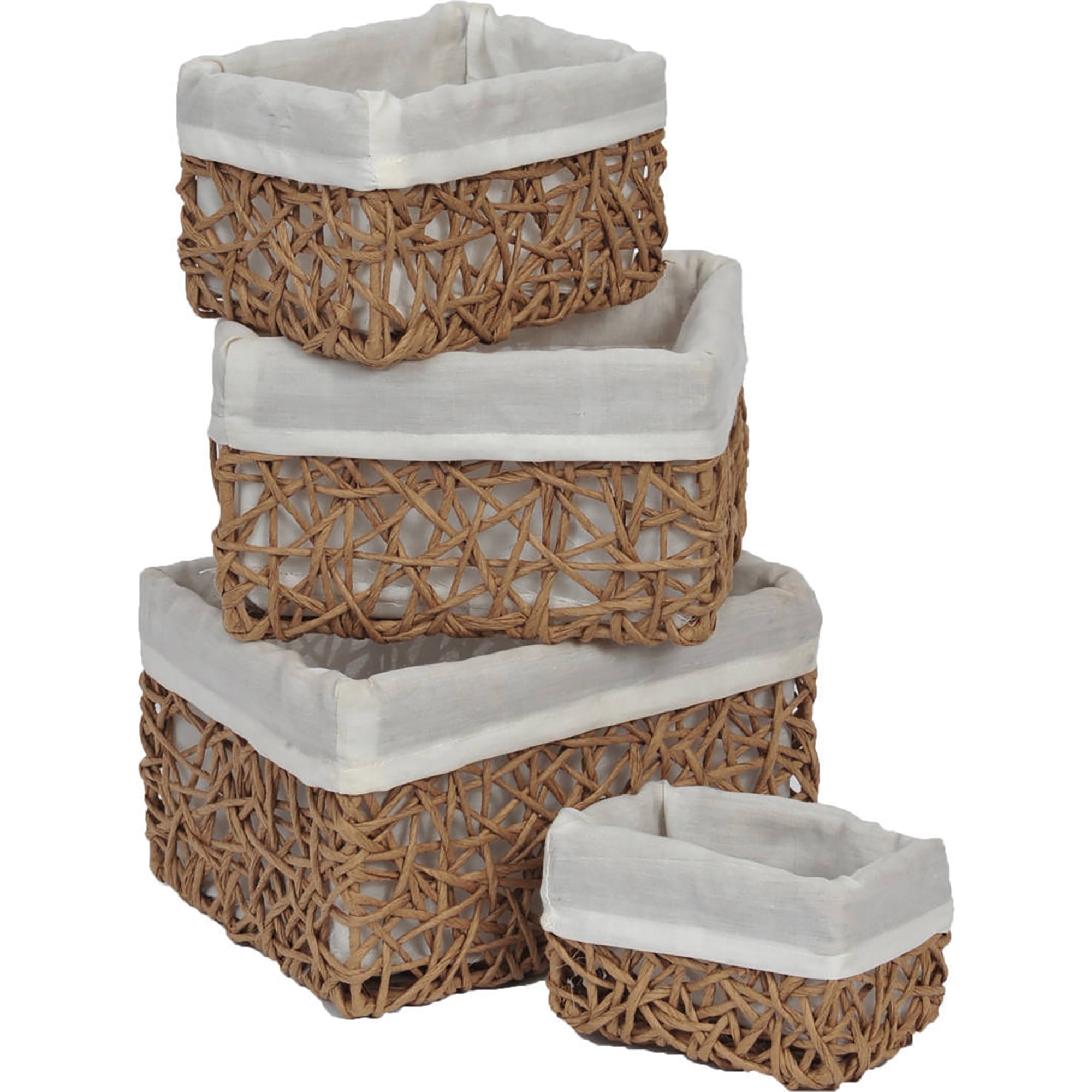 Beige Paper Rope Storage Baskets with White Liners, Set of 4
