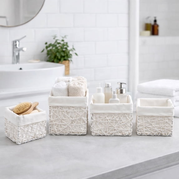Evideco French Home Goods Handles Wicker Storage Baskets with 4 Pieces, White (4 Pack)