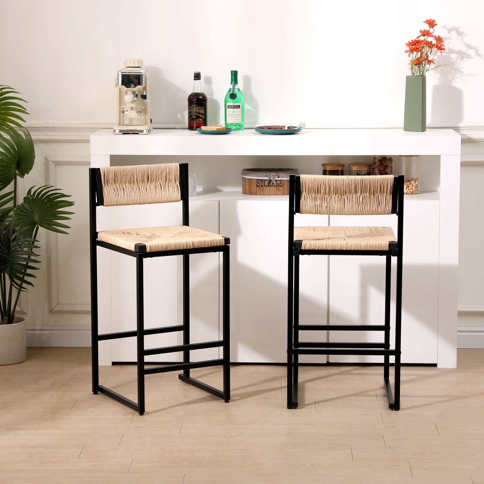 Farmhouse Style Paper Rope Woven Bar Stools Set of 2, Counter Height ...