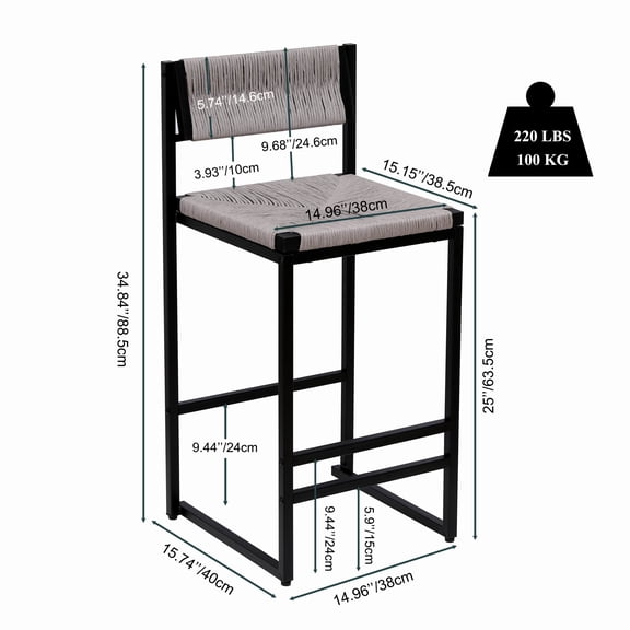 Paper Rope Woven Bar Stools with Back Counter Height Bar Chairs Set of 2 Gray Paper Rope Woven Dining Stool for Kitchen, Home & Office (Gray)