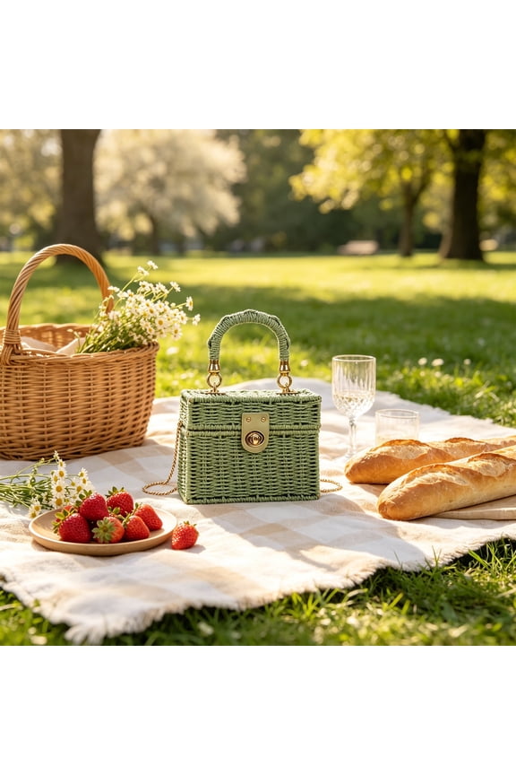 Paper Rope Woven Box Handbag Mini Straw Textured Tote Purse with Detachable Chain Strap, Women Summer Crossbody Bag for Beach Vacation