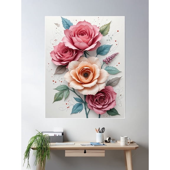 Paper Roses Poster Wall Art, Modern Wall Decor For Living Room Bedroom, 16x24 UNFRAMED