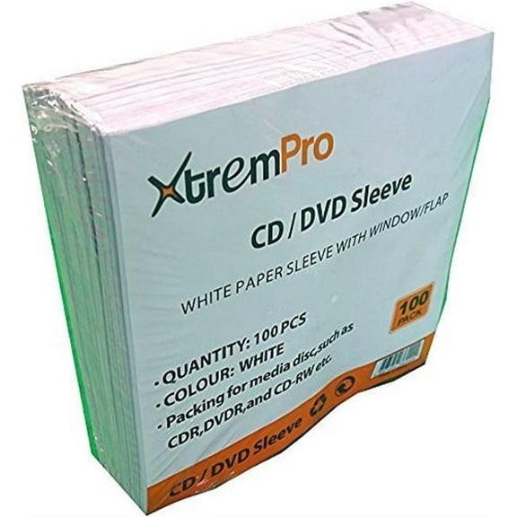Paper Sleeves With Clear Window CD DVD BLU-RAY Storage Single Disc Hold 100 pack White