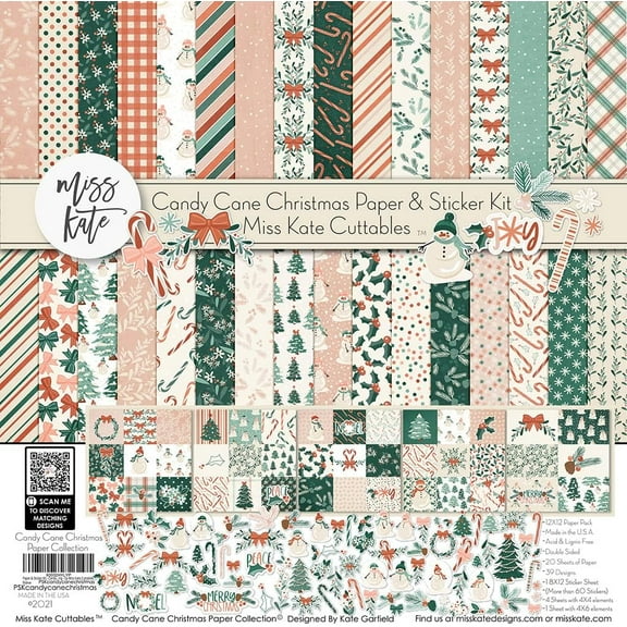 Paper & Sticker Kit - Candy Cane Christmas - 20 Double-Sided 12x12 Papers with 39 Designs & 1 8X12 Sticker Sheet - Scrapbooking Card Making Crafting