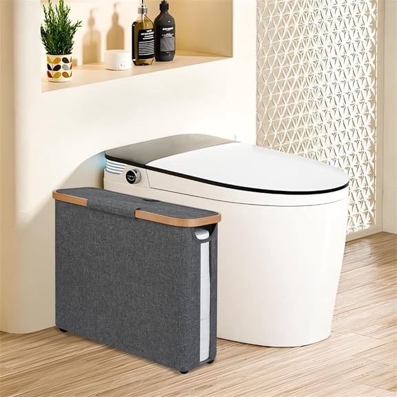 Paper Storage Basket with Lid - The Ultimate Bathroom Organizer, Free Standing Toilet Paper Holder for Up to 9 Mega Rolls, Toilet Tissue Storage Bin with Handle for RV Closet, Grey