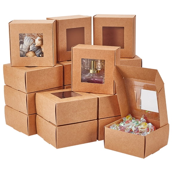 Paper Storage Box with PVC Visible Window for Mini Square Light Khaki 10x10x5cm
