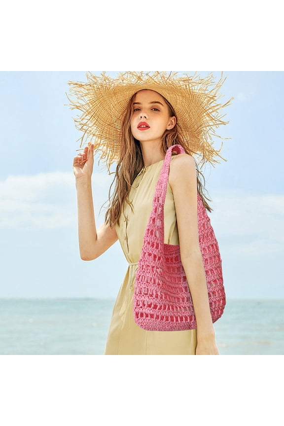 Paper Straw Crochet Backpack, Pink Blue Orange Coffee Beige, 14.5x11.8x0.78in, Casual Beach Daypack with Flap Drawstring, Crossbody