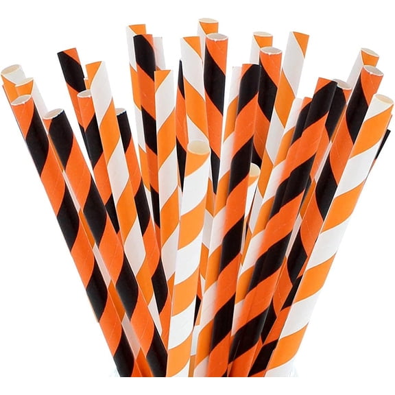 Paper Straws - Orange, White and Black Striped Party Straws - Pack of 100 - Biodegradable and Disposable Pumpkin Party Decorations