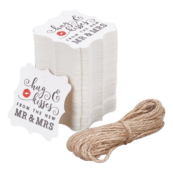 Paper Tapes with Hemp Ropes Word Pattern Hug & Kisses From the New Mr & Mrs White 62x62x0.5mm Hole: 5mm 100pcs