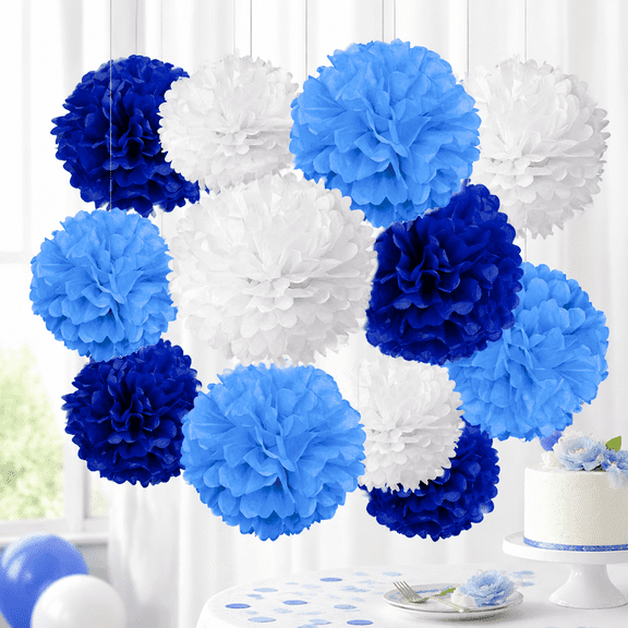 Paper Tissue Pom Poms, 12 Pcs Blue White Pompoms Party Hanging Tissue Flowers for Birthday Wedding Engagement Tea Party Decorations