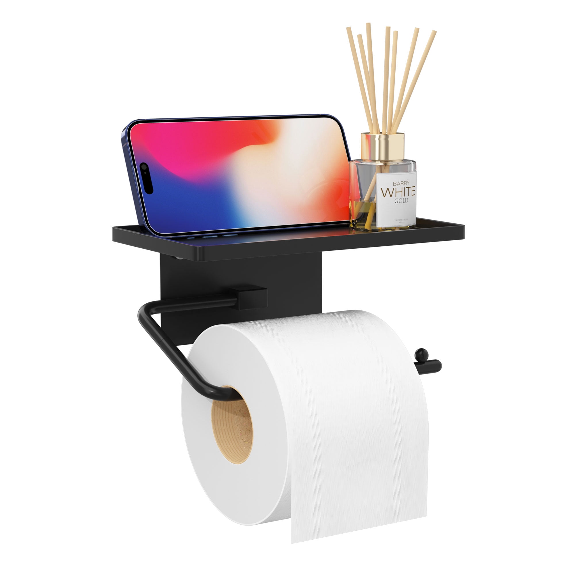 Black Metal Toilet Paper Holder with Shelf: Wall-Mounted, Self-Adhesive ...