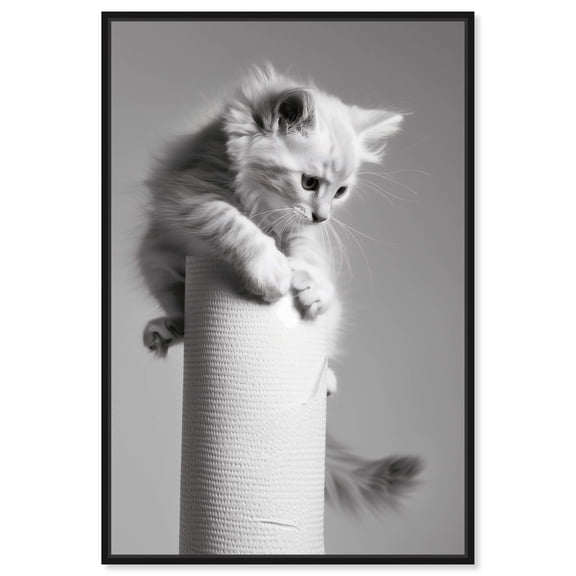 Paper Towel Climbing Cat Canvas Funny Bathroom Art by Art Remedy, Black Frame, 10" x 15"