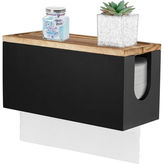 Paper Towel Dispenser Wall Mount, Wooden Bathroom Paper Towel Holder with Lid for Home and Commercial, Countertop C-Fold, Z-Fold, Trifold Paper Hand Towel Dispenser for Bathroom Kitchen Office, Black