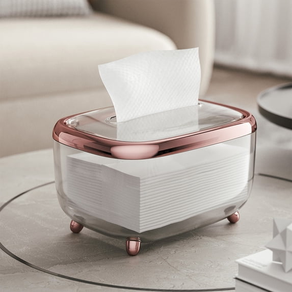Paper Towel Holder Box | Transparent Napkin Storage Container with Spring Base & Magnetic Lid | Household Kitchen Bathroom Office Organizer for Paper Rolls | Rose Gold Silver Plastic Design