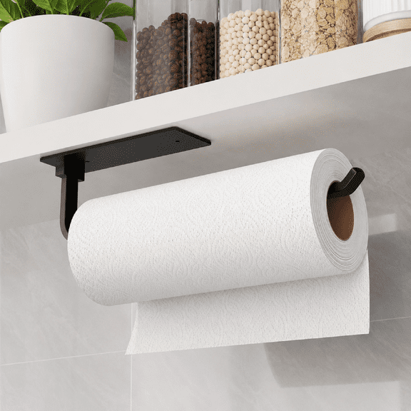 Paper Towel Holder Aluminum Matte Black 12.2 inch Self Adhesive Wall Mount Kitchen Bathroom Cabinet