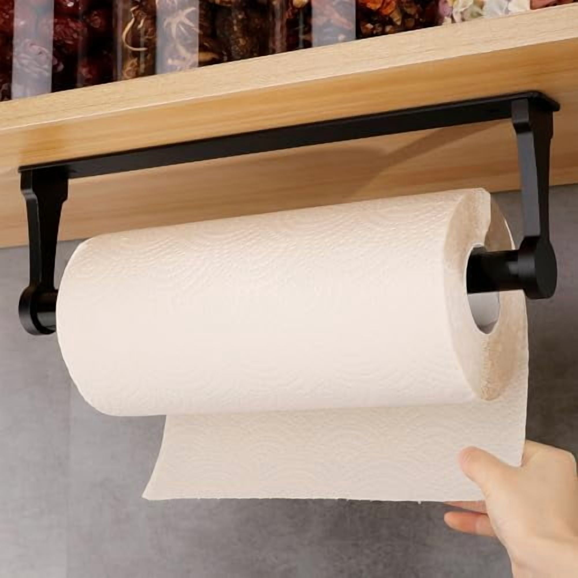 Paper Towel Holder Under Cabinet, Paper Towel Holder, Aluminum Alloy Kitchen Towel Holders, Self Adhesive Kitchen Roll Holder for Kitchen, Bathroom, Living Room (Black)