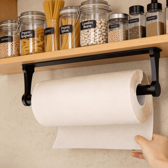 Paper Towel Holder Under Cabinet, Rustproof Durable Kitchen Aluminum Alloy Paper Towel Holder, Self Adhesive Kitchen Roll Holder for Kitchen, Bathroom, Living Room
