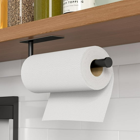 Paper Towel Holder Under Cabinet, Self-Adhesive,No Drilling, Stainless Steel, Wall-Mounted for Kitchen and Bathroom, Easy Install, Durable, Space-Saving, Ideal for Home, RV (Black, 2 Pack)