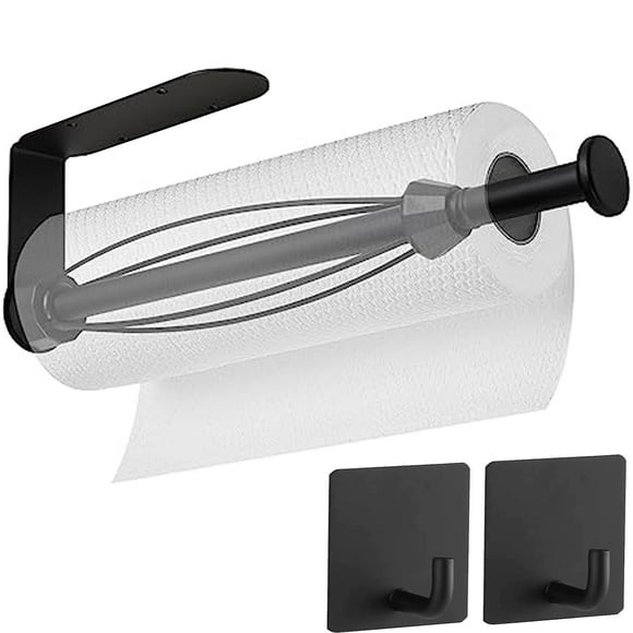 Paper Towel Holder Under Cabinet, Single Hand Operable Wall Mount Paper Towel Holder with 2pcs Adhesive Hooks, Self-Adhesive or Drilled for Kitchen, Bathroom Black