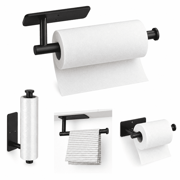 Paper Towel Holder Under Cabinet, Upgraded Self Adhesive Kitchen Towel Rack Stainless Steel Wall Mounted Roll Hanger For Kitchen Laundry Bathroom, Black