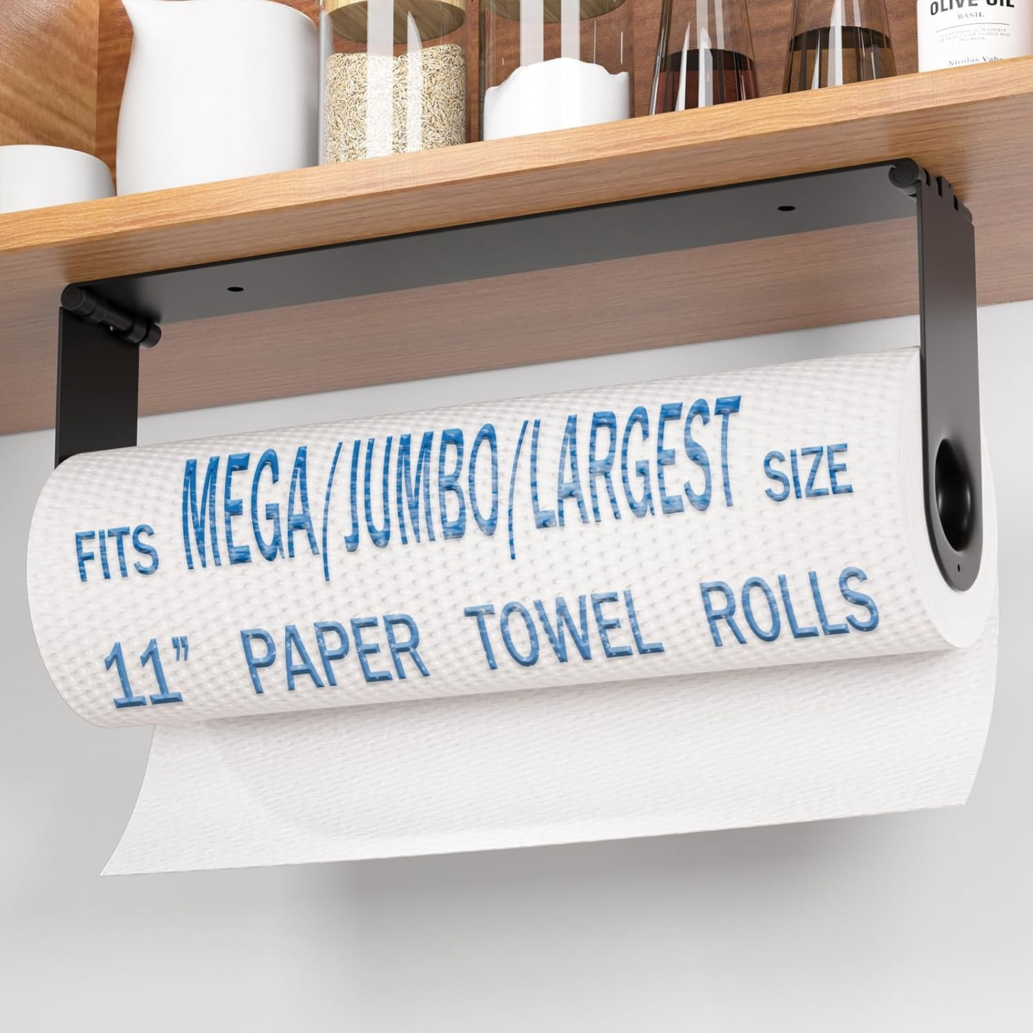 Paper Towel Holder Under Cabinet, Wall Mount Towels for Kitchen Counter, Self Adhesive and Drilling, Heavy-Duty Hanging Roll Inside Cabinet Door, Black