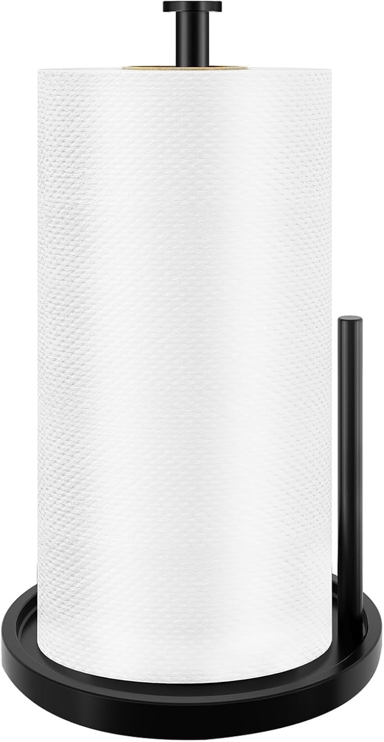 Paper Towel Holder Countertop, Stainless Steel Kitchen Roll Holder with Weighted Base, Fits Standard & Large Rolls-Black